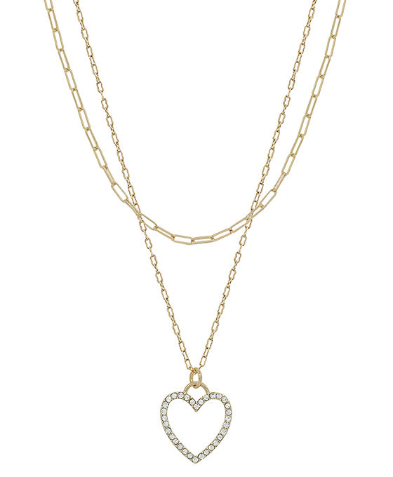 Heart Pave Pendant Double Layered Short Necklace