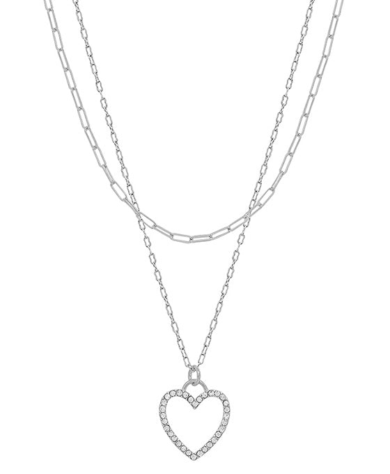 Heart Pave Pendant Double Layered Short Necklace