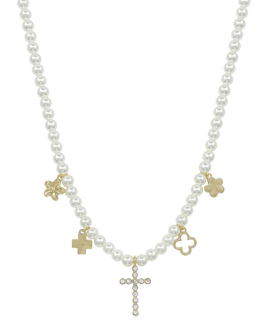 6mm Pearl w/ Pave Cross & Multi Charm Short Necklace