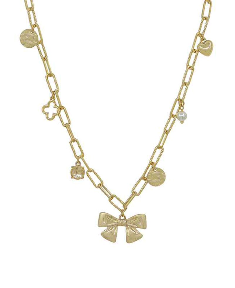 Ribbon w/ Multi Charm Short Necklace