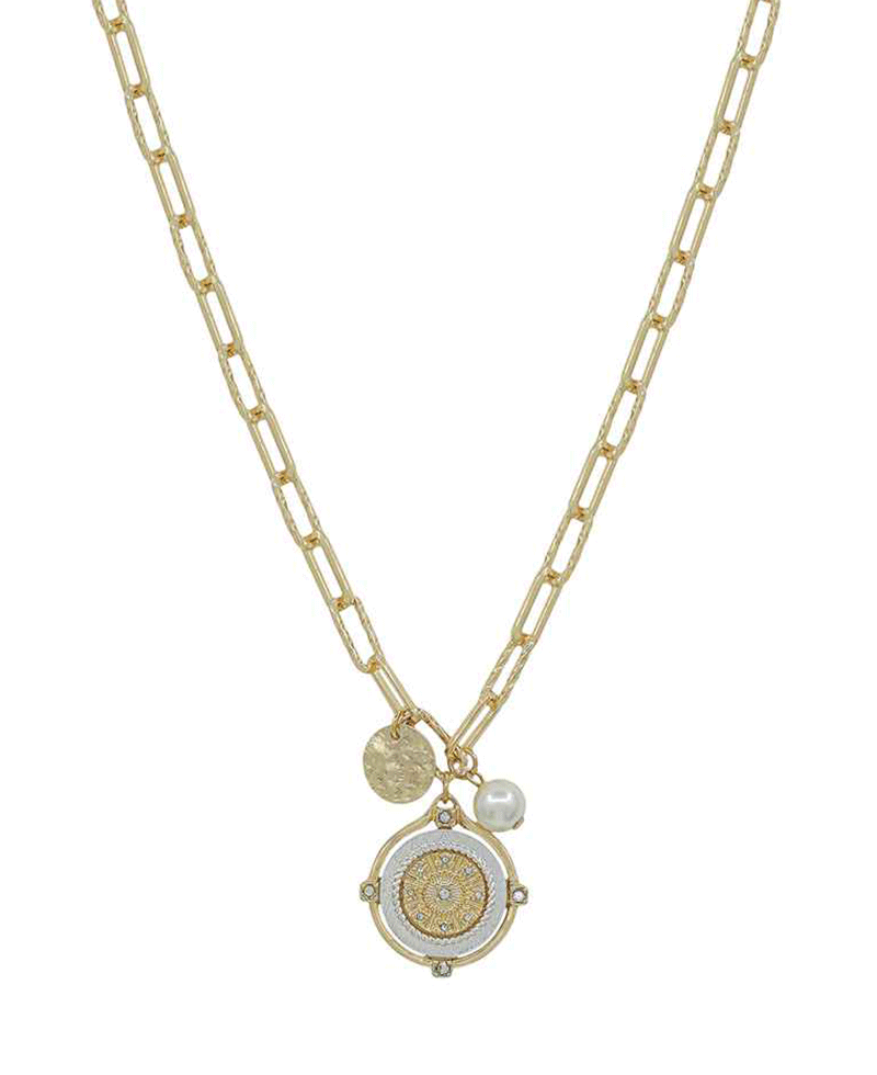 Coin Metal Pendant w/ Charms Short Necklace