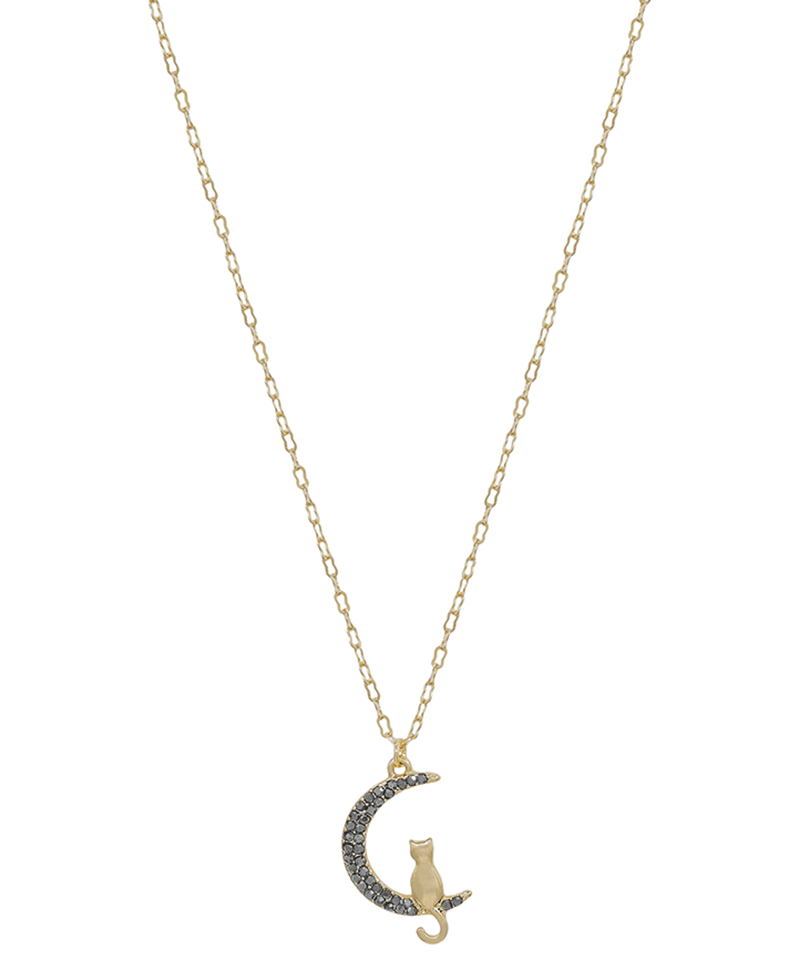 Paved Moon w/ Cat Short Necklace