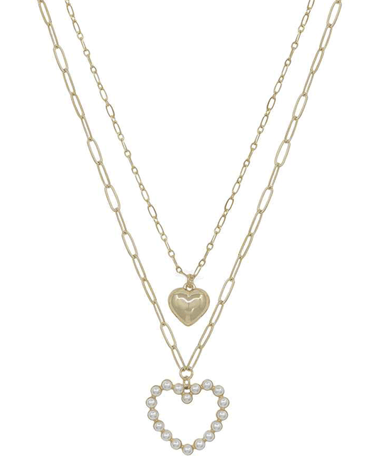 Layered Metal & Pearl Heart Short Necklace