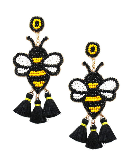 Seed Beaded Bee w/ Tassel Earring