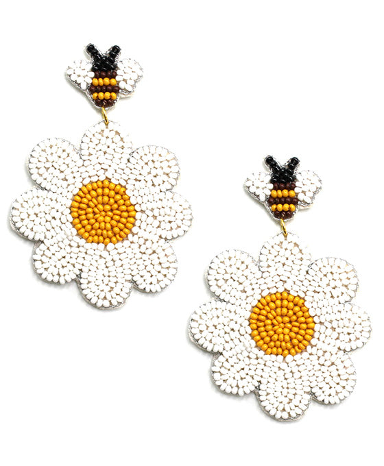 Seed Beaded Flower w/ Bee Earring