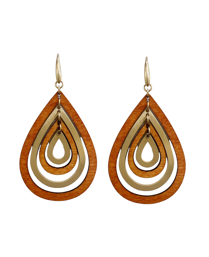 Layered Wood & Metallic Teardrop Earring