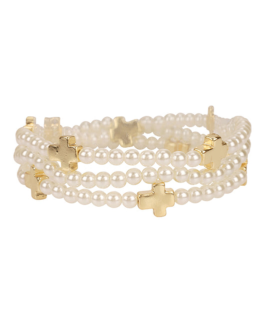 Metal & Pearl Cross Multi Stackable Bracelet