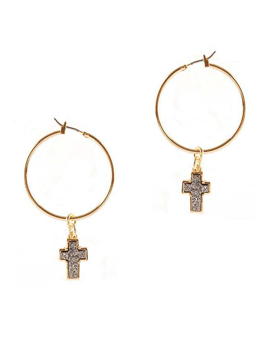 Druzy Metal Cross Hoop Pincatch Earring