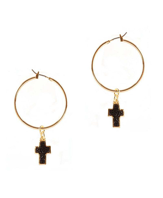 Druzy Metal Cross Hoop Pincatch Earring