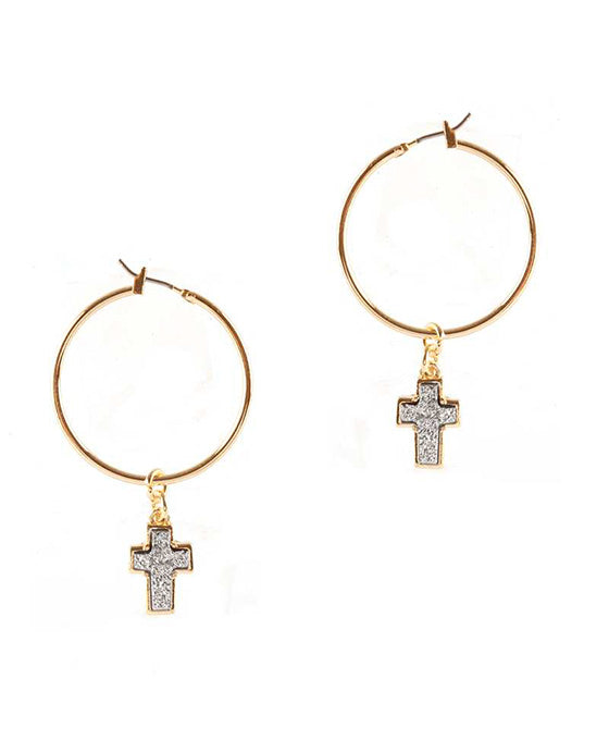 Druzy Metal Cross Hoop Pincatch Earring