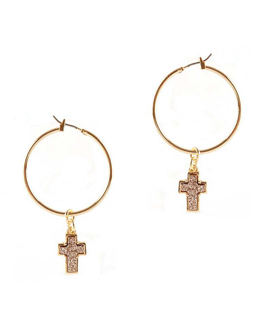 Druzy Metal Cross Hoop Pincatch Earring