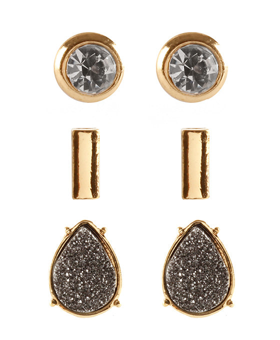 Druzy Rhinestone 3 Pair Post Earring