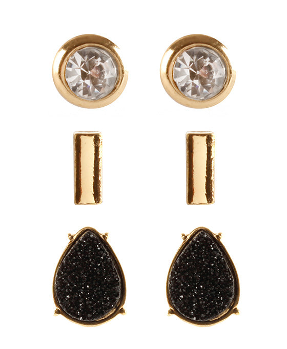 Druzy Rhinestone 3 Pair Post Earring