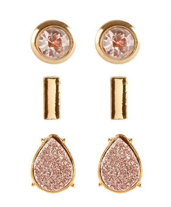 Druzy Rhinestone 3 Pair Post Earring