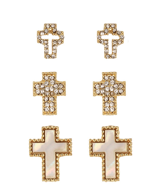 Shell Rhinestone Cross 3 Pair Earring