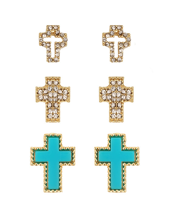 Shell Rhinestone Cross 3 Pair Earring