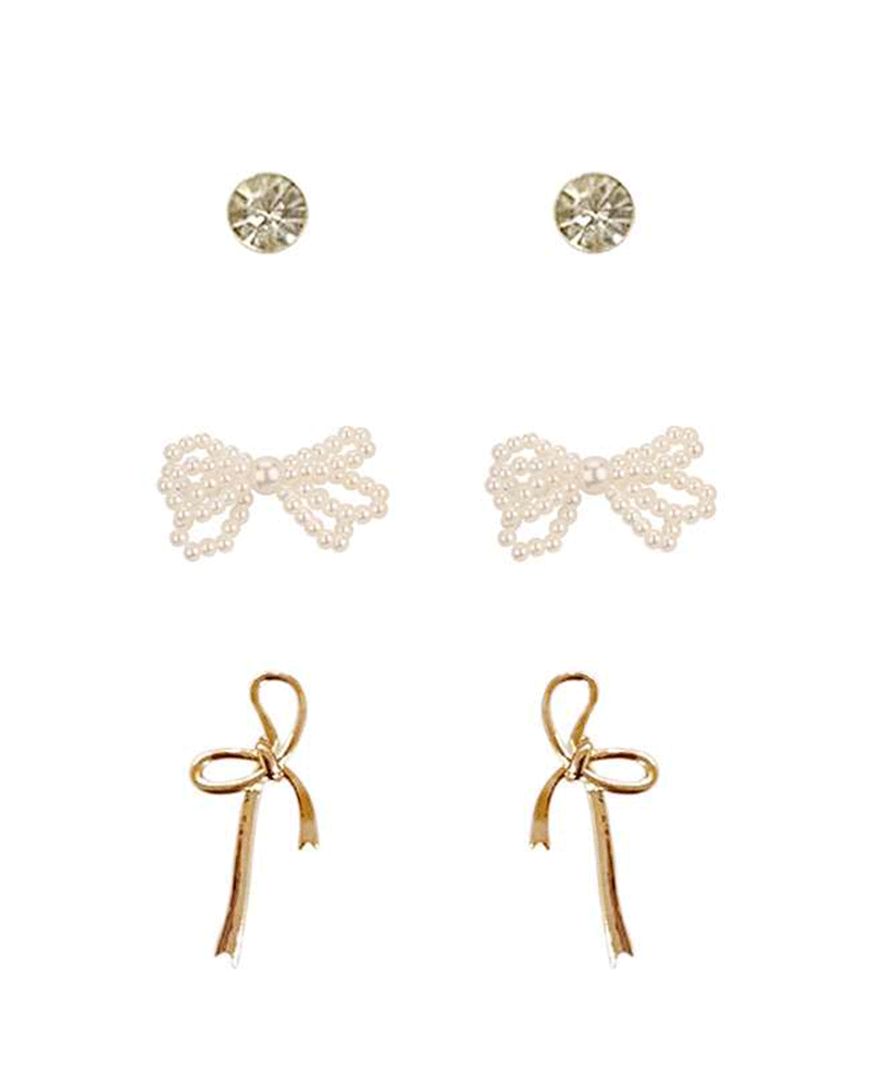 Metal & Pearl Bow 3 Pair Earring