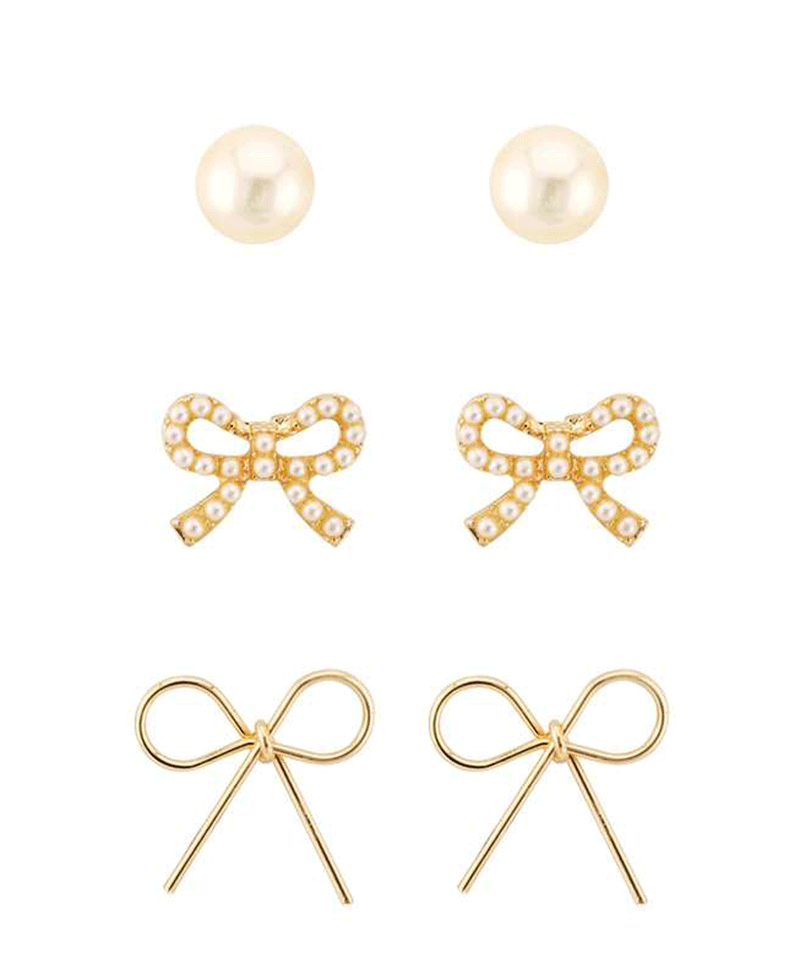 Pearl & Metal Bow 3 Pair Earring