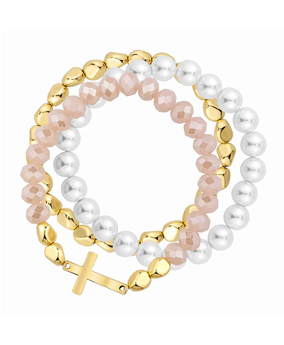 Glass & Pearl w/ Cross Stretch Bracelet