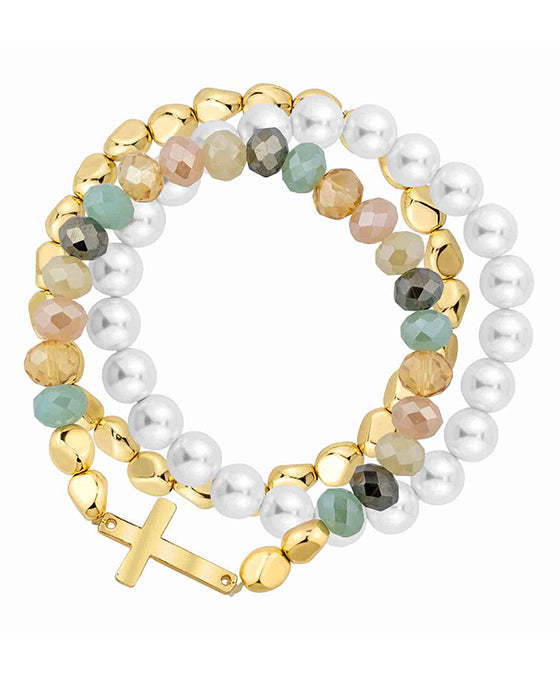 Glass & Pearl w/ Cross Stretch Bracelet