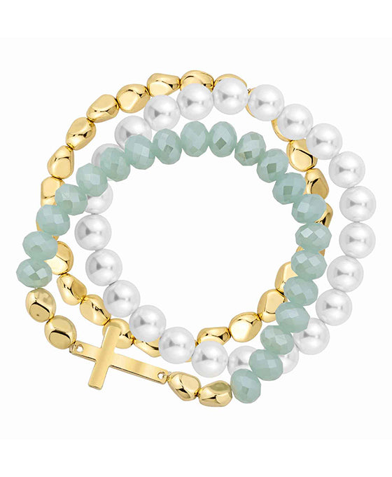 Glass & Pearl w/ Cross Stretch Bracelet