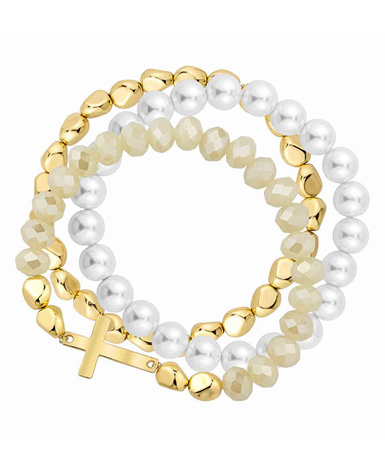 Glass & Pearl w/ Cross Stretch Bracelet