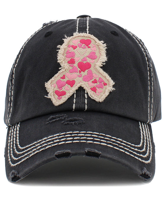 Pink Ribbon Hearts Washed Vintage Ballcap