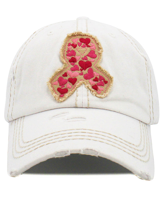 Pink Ribbon Hearts Washed Vintage Ballcap