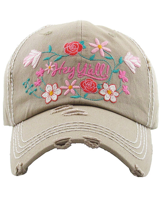 Floral Hey Y'all Washed Vintage Ball Cap