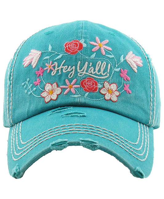 Floral Hey Y'all Washed Vintage Ball Cap