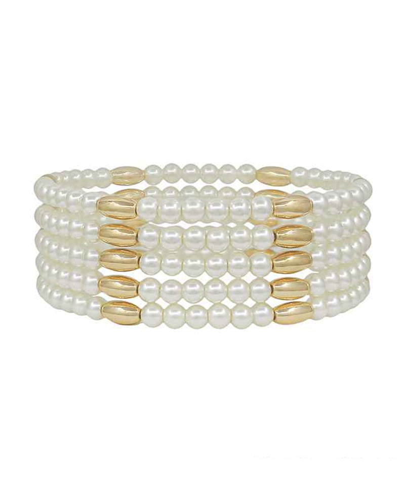 Oval CCB & 4mm Glass Pearl Stretch 5 Set Bracelet