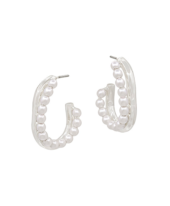 Oval Shape Metal & Pearl Hoop Earring