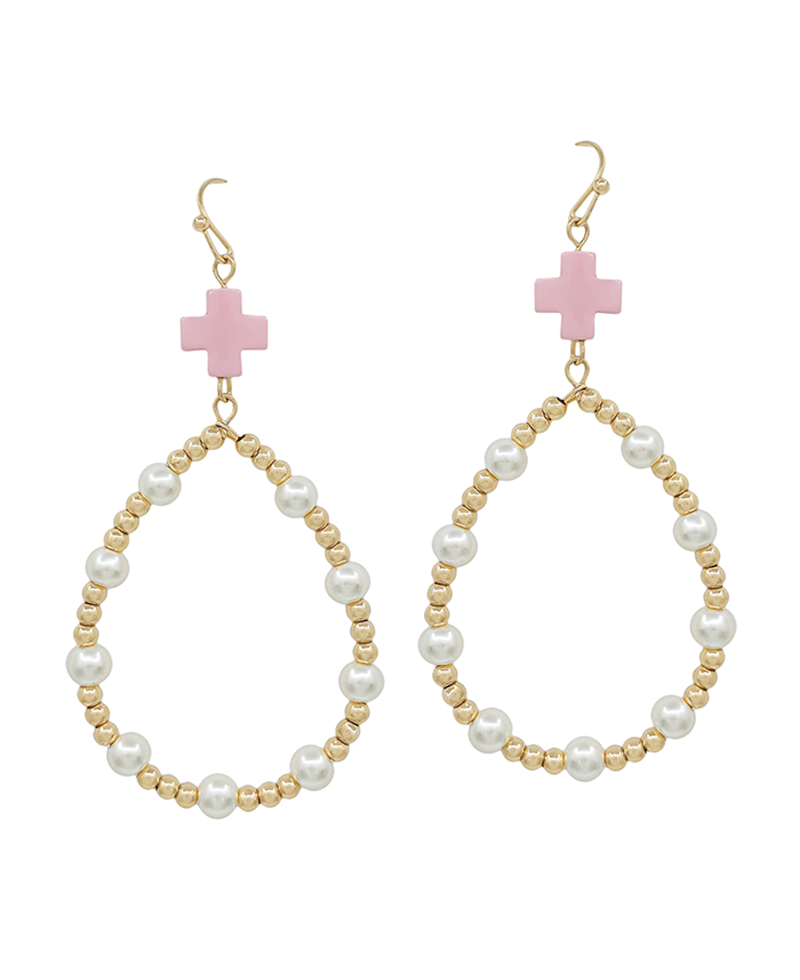 Colored Cross Bead & Pearl Teardrop Earring