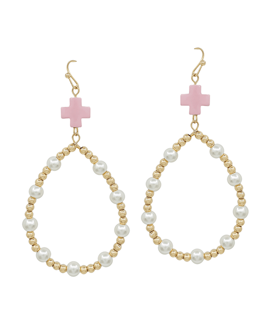 Colored Cross Bead & Pearl Teardrop Earring