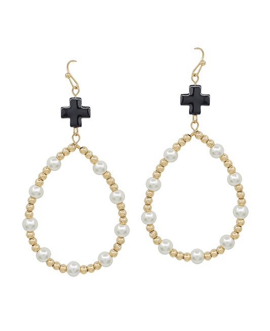 Colored Cross Bead & Pearl Teardrop Earring