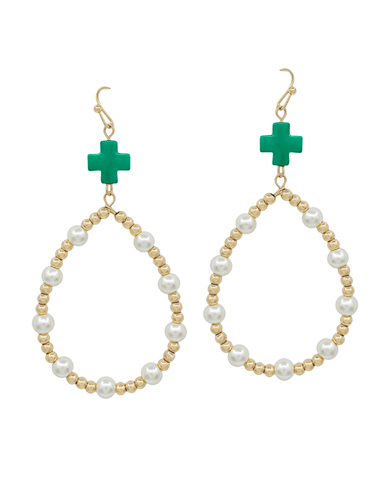 Colored Cross Bead & Pearl Teardrop Earring