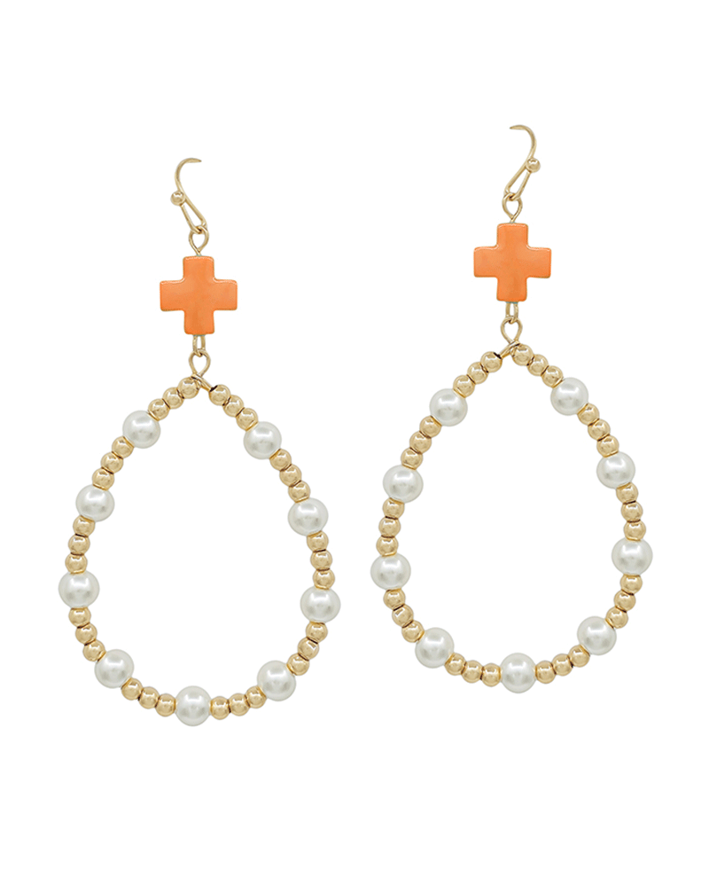 Colored Cross Bead & Pearl Teardrop Earring