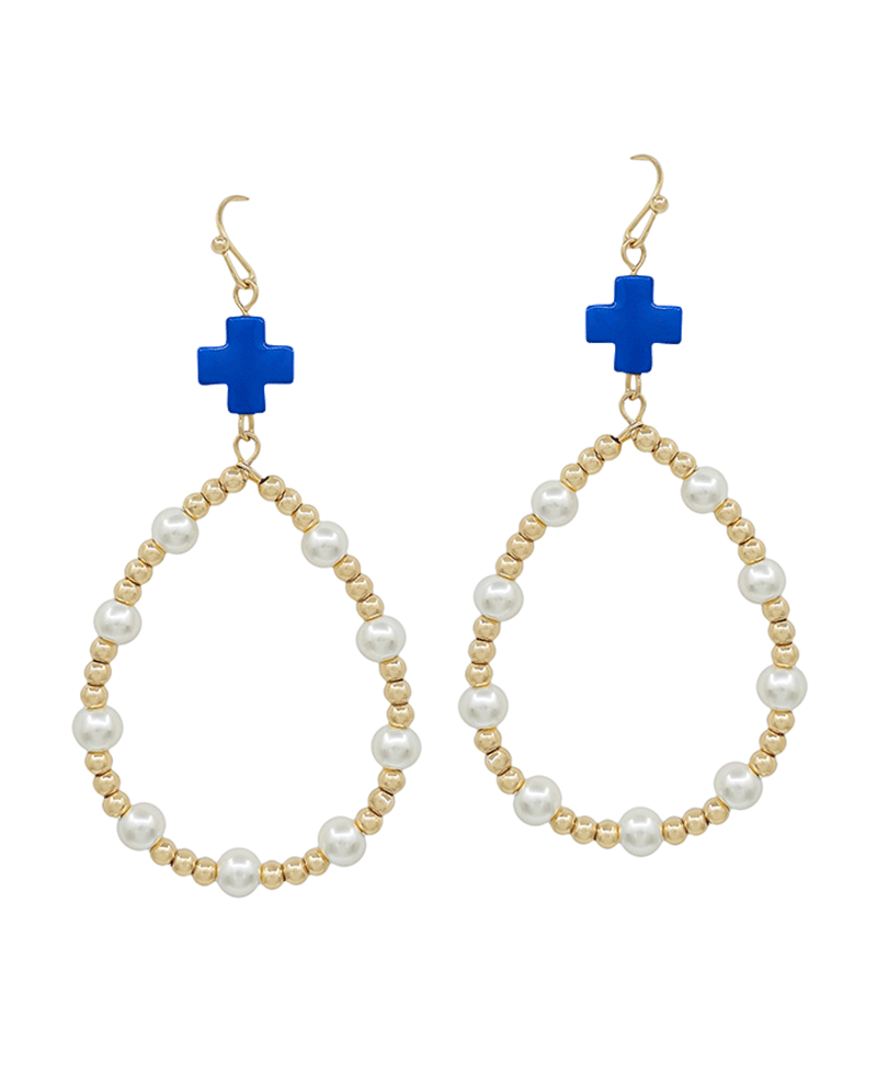 Colored Cross Bead & Pearl Teardrop Earring