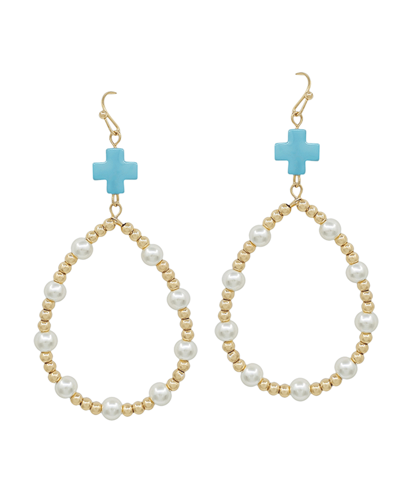 Colored Cross Bead & Pearl Teardrop Earring