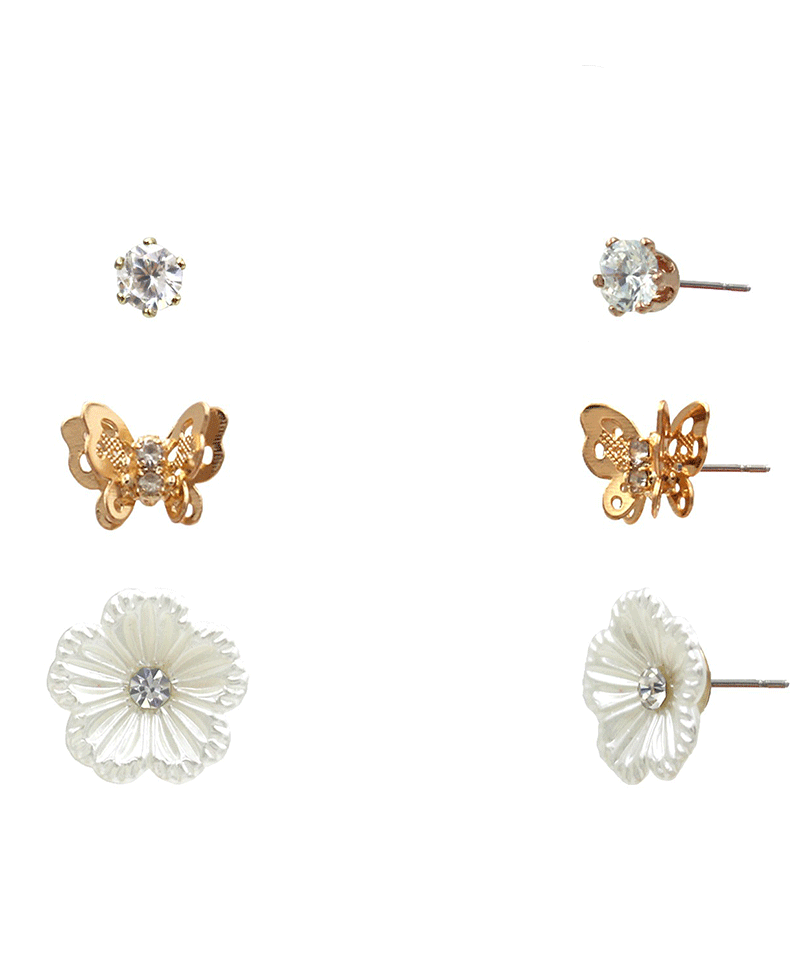 Pearl Flower & Butterfly 3 Pair Earring Set