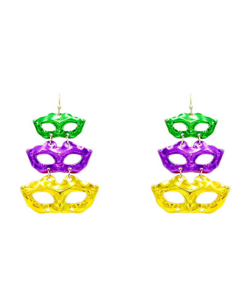 Mardi Gras 3 Drop Mask Earring - 2.3"