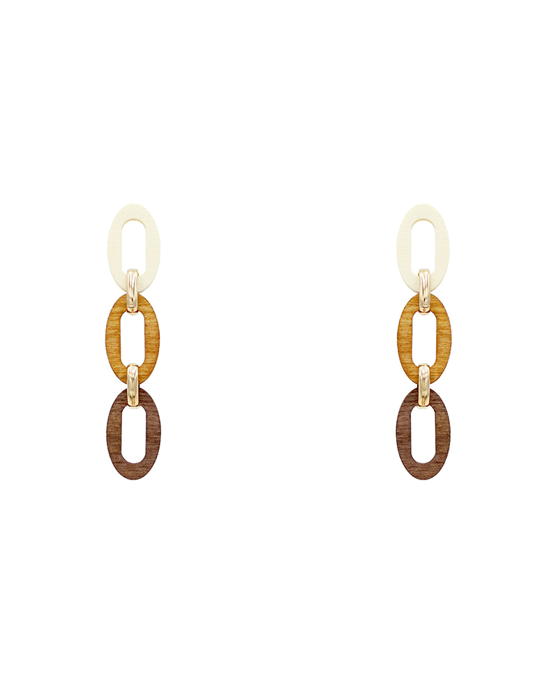 Linked Oval Wood Drop Earring - 2.4"