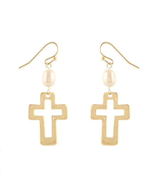 Pearl & Metal Cross Open Cut Earring