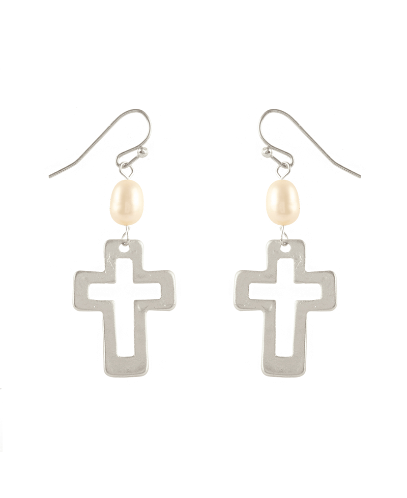 Pearl & Metal Cross Open Cut Earring