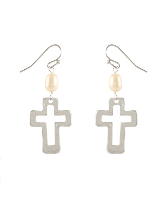 Pearl & Metal Cross Open Cut Earring