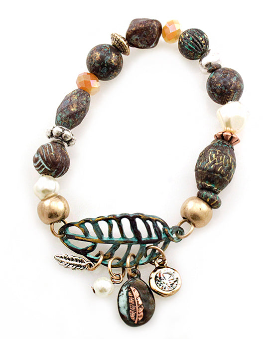 Feather Mixed Bead Stretch Bracelet