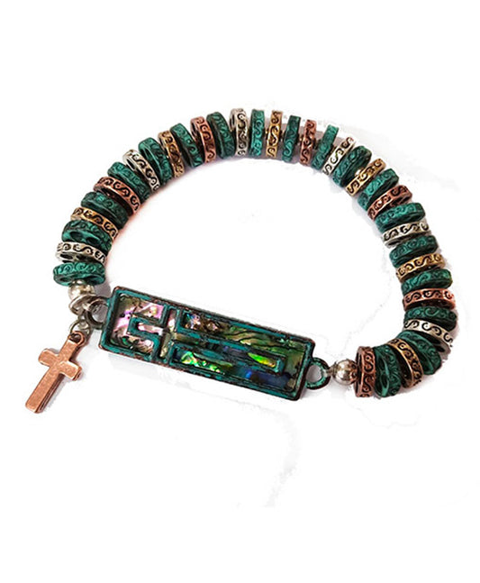 Abalone w/ Cross Metal Disc Bracelet