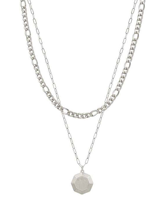 Bold Chain Layered w/ Hexagon Pendant Necklace