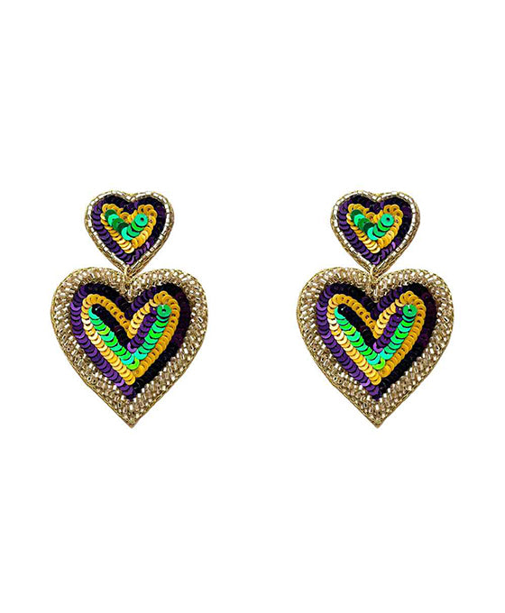 Beaded Mardi Gras Heart Earring