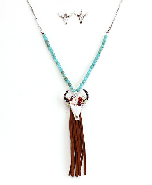 Floral Steer Head w/ Tassel Necklace Set